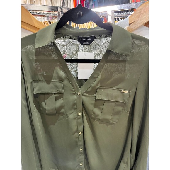 Vintage Y2K bebe Army Green Lace Back Button Down Blouse Size Medium - Picture 2 of 8